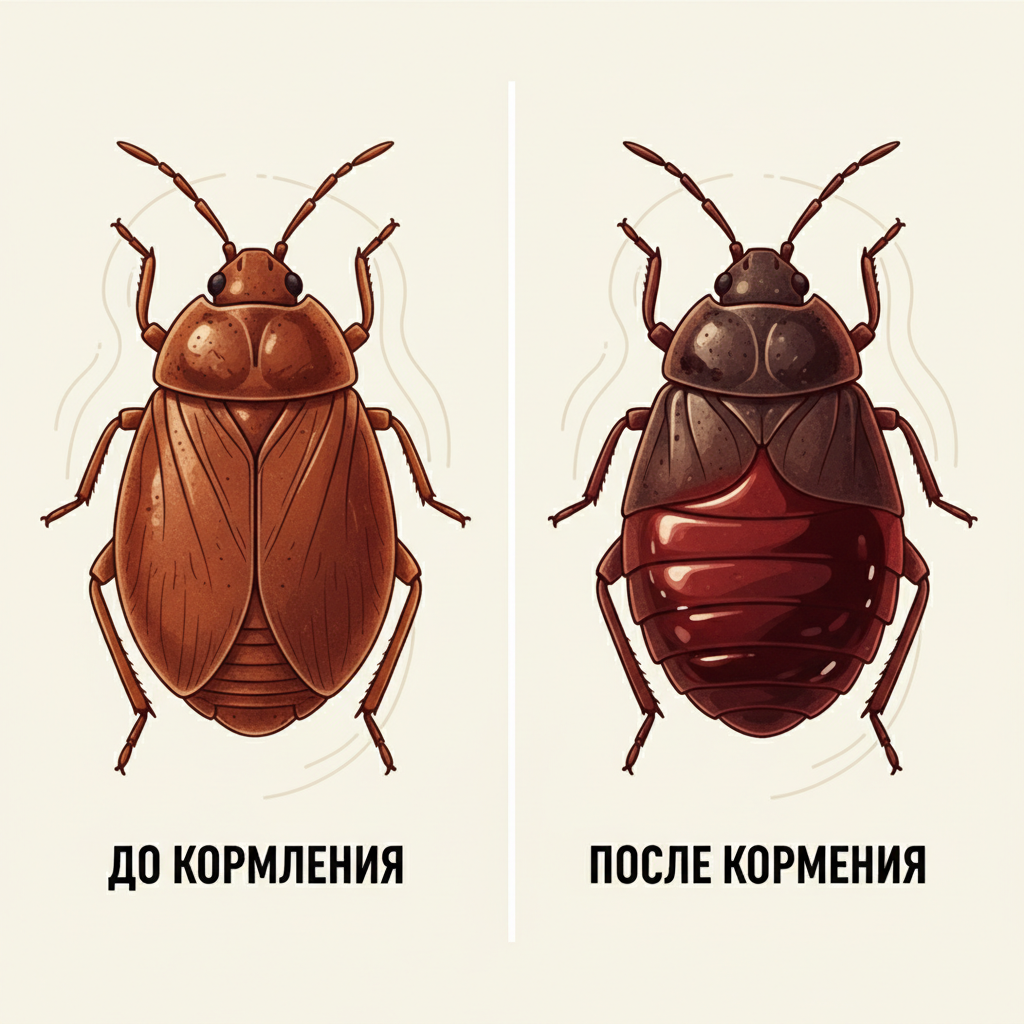 Изменение внешнего вида клопа до и после кормления — иллюстрация к статье «как выглядят клопы»